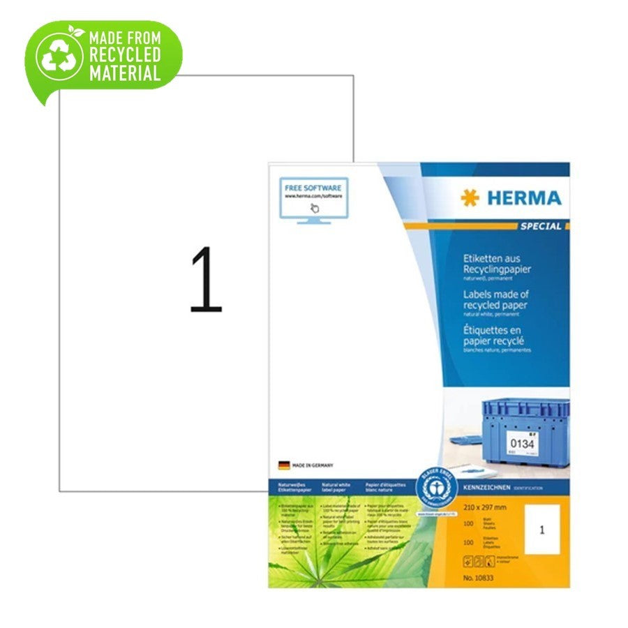 Herma Labels 1/sheet, 100% recycled, 100 sheets (2 packs/bundle)