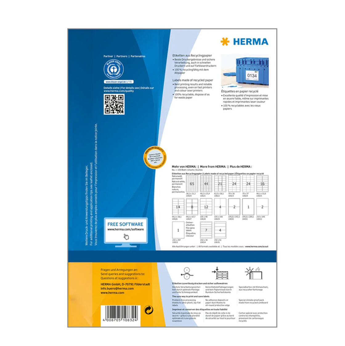 Herma Labels 4/sheet, 100% recycled, 100 sheets (2 packs/bundle)