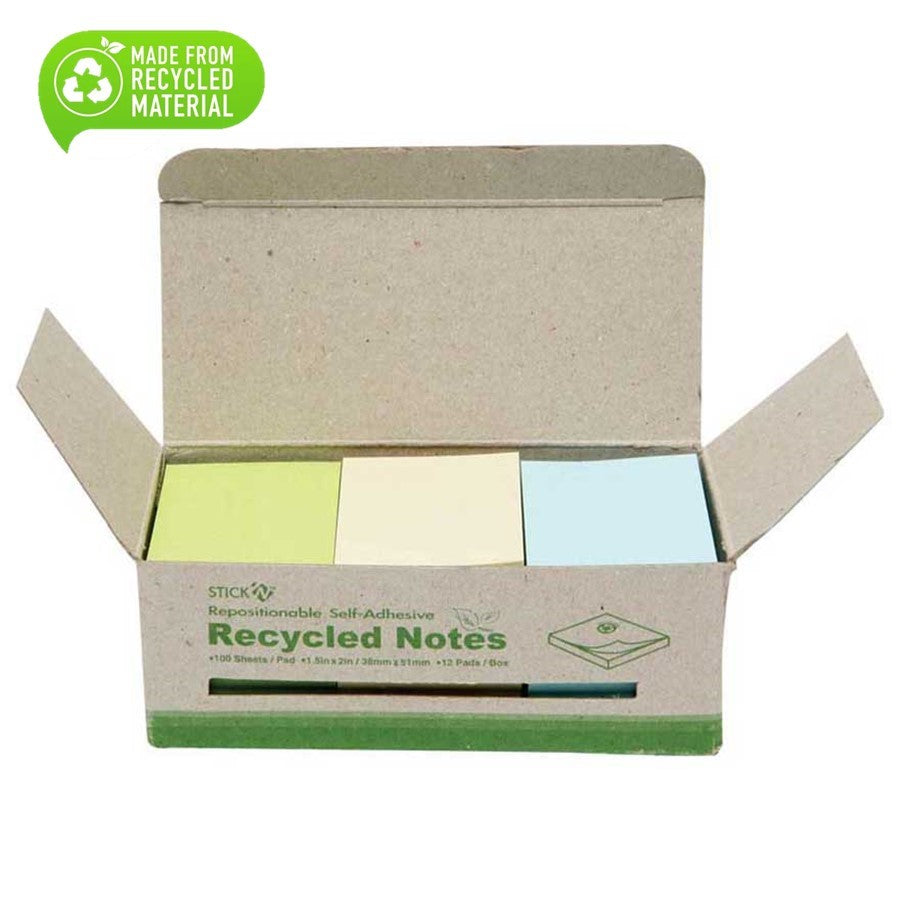 Stick'N recycled self-adhesive notepads, 38 x 50mm, box of 12 assorted colours